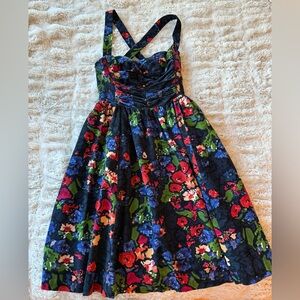 HD in Paris Floral Corduroy Midi Dress - Navy with Red, Green, and Blue